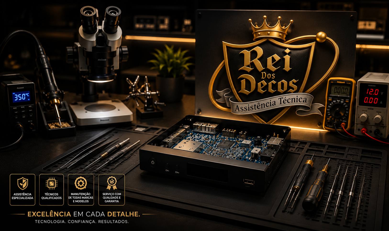Bancada técnica premium da Rei dos Decos com receptor aberto, ferramentas e identidade da assistência técnica